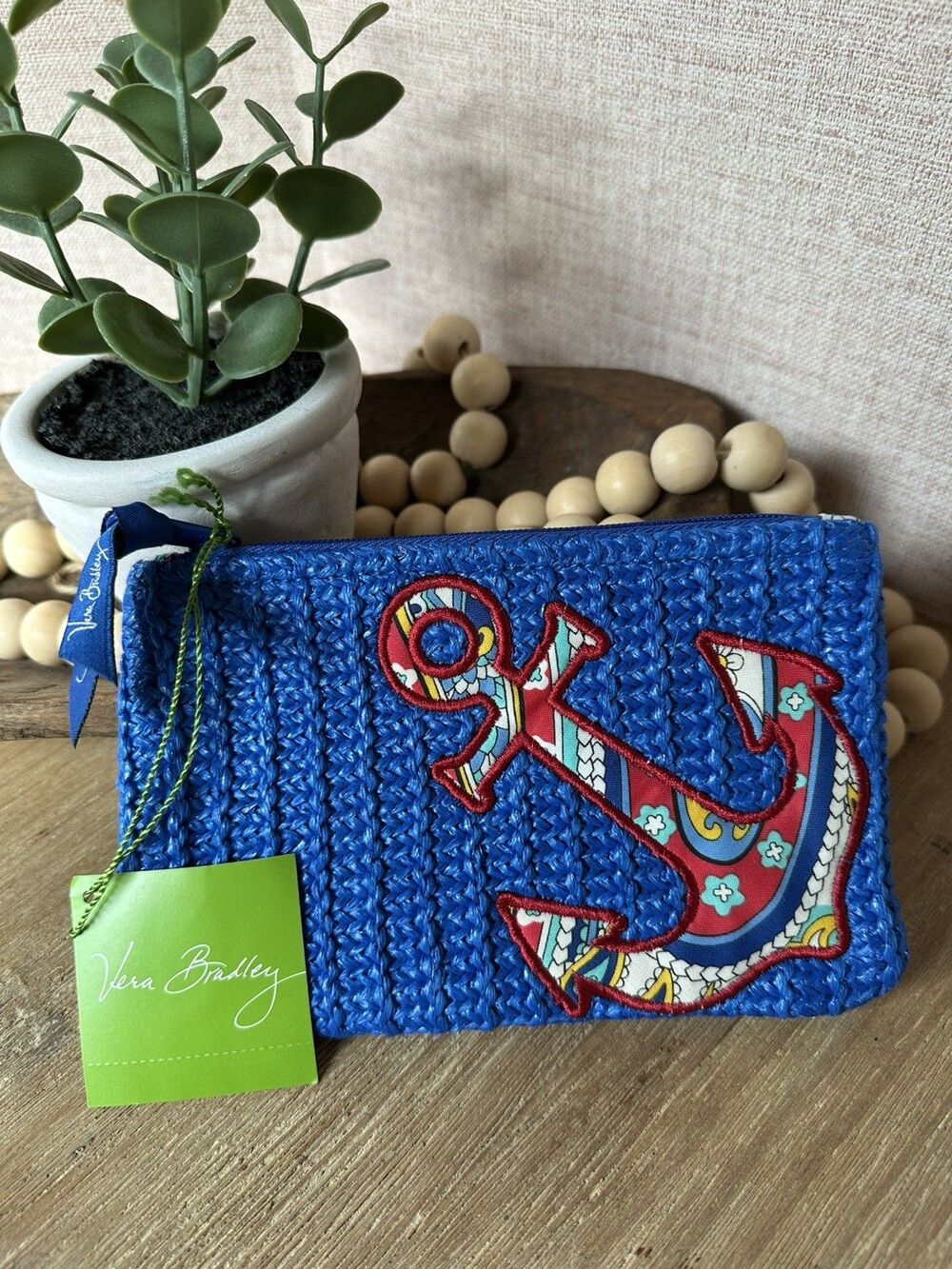 NWT Vera Bradley Retired Marina Paisley Seashore Zip Pouch Blue Woven Anchor